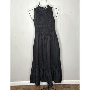 Boden Smocked Linen Midi Women's Dress Sz 2 Black Long High Neck Sleeveless